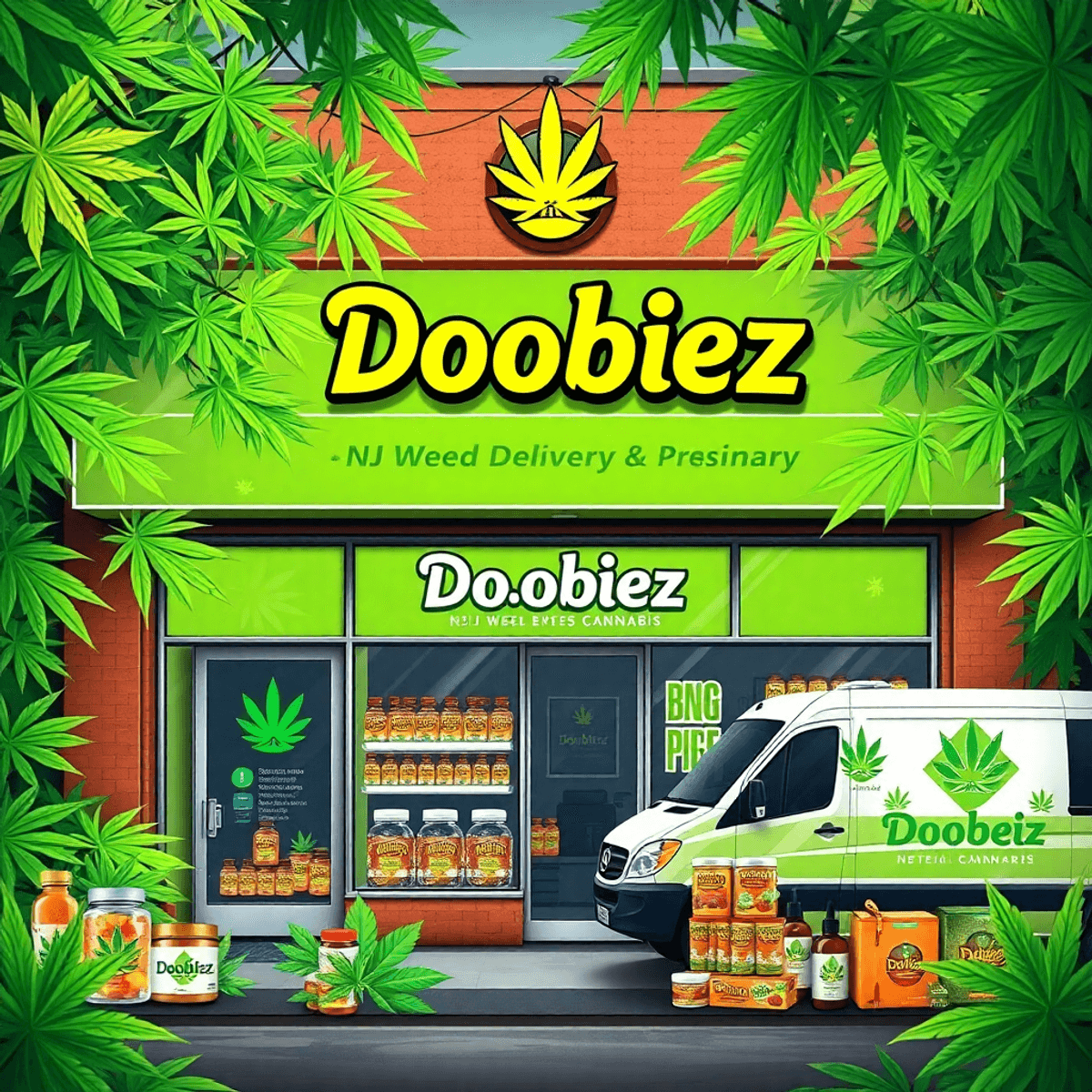 Front view of a bright cannabis dispensary with clear "Doobiez - NJ Weed Delivery & Dispensary" signage, lush green leaves, delivery van, and product displays.