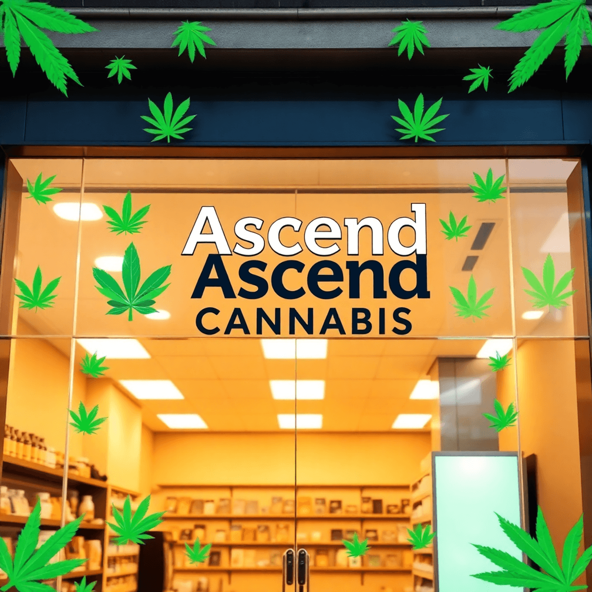 Modern cannabis dispensary storefront with clear "Ascend Cannabis" sign, green leaves, medical and recreational symbols, bright and welcoming background.