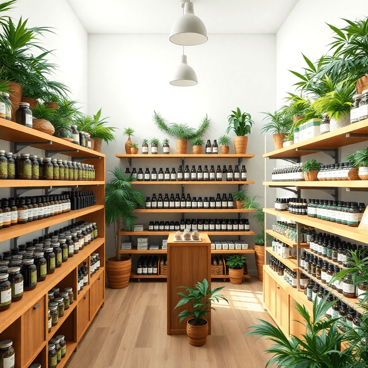 Bright cannabis dispensary interior with wooden shelves displaying premium products and green plants, creating a welcoming, eco-friendly atmosphere.