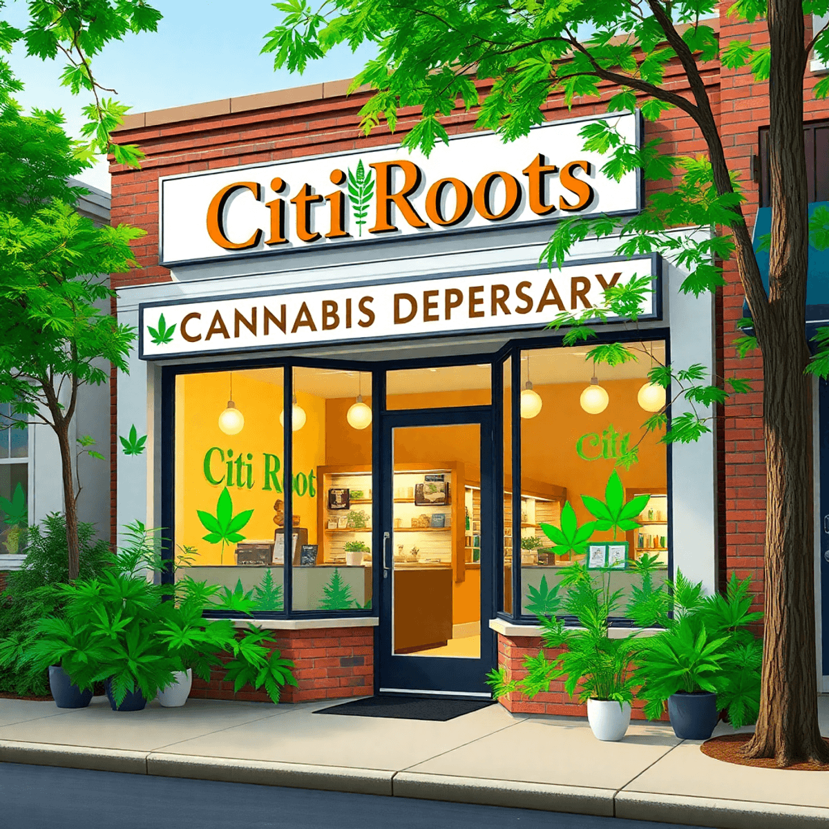 Bright cannabis dispensary storefront with "Citi Roots Cannabis Dispensary" sign, green plants, and cannabis leaf symbols in a friendly neighborhood.