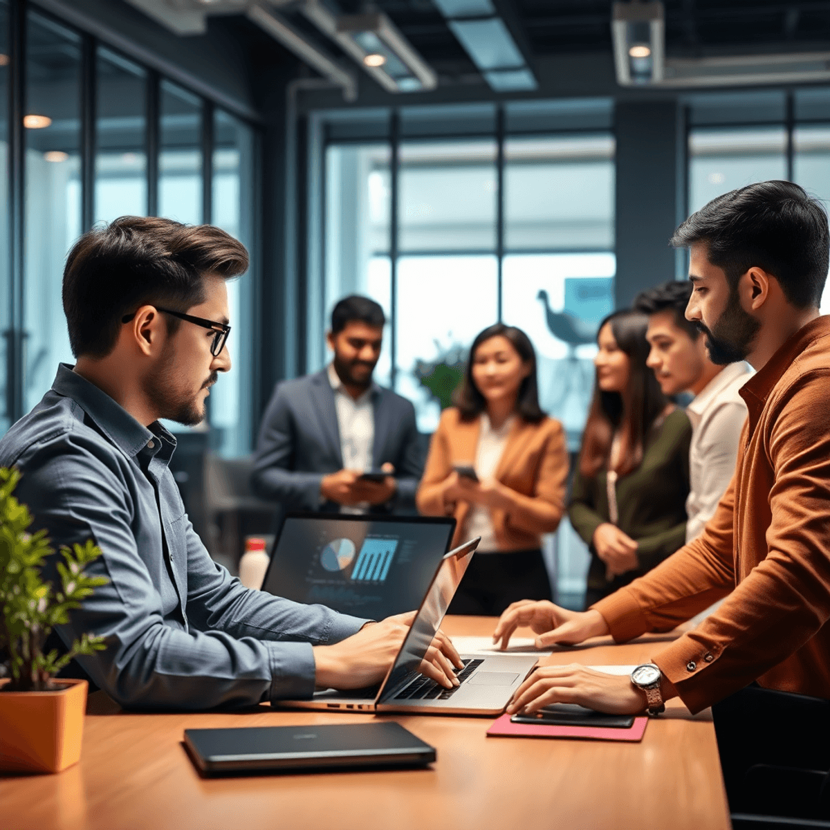 A digital marketer analyzes website traffic on a laptop displaying colorful charts and graphs, while a group collaborates in a modern office, brainstorming strategies.