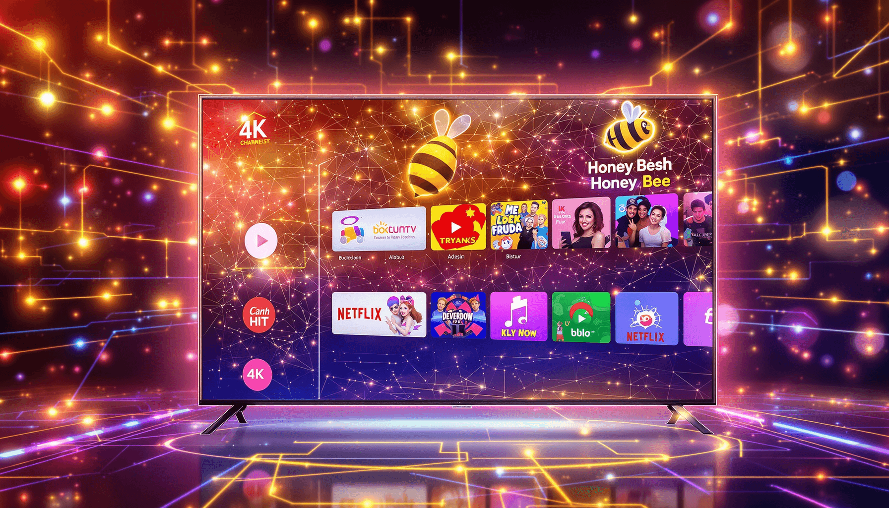 Modern TV screen with colorful channel icons and a honey bee symbol, set against a glowing futuristic network background, highlighting 4K streaming quality.