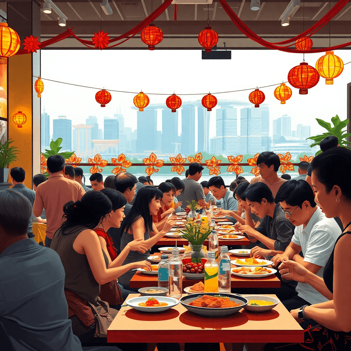 Busy restaurant with diverse diners enjoying meals, warm lighting, festive decorations, and an abstract cityscape in the background.