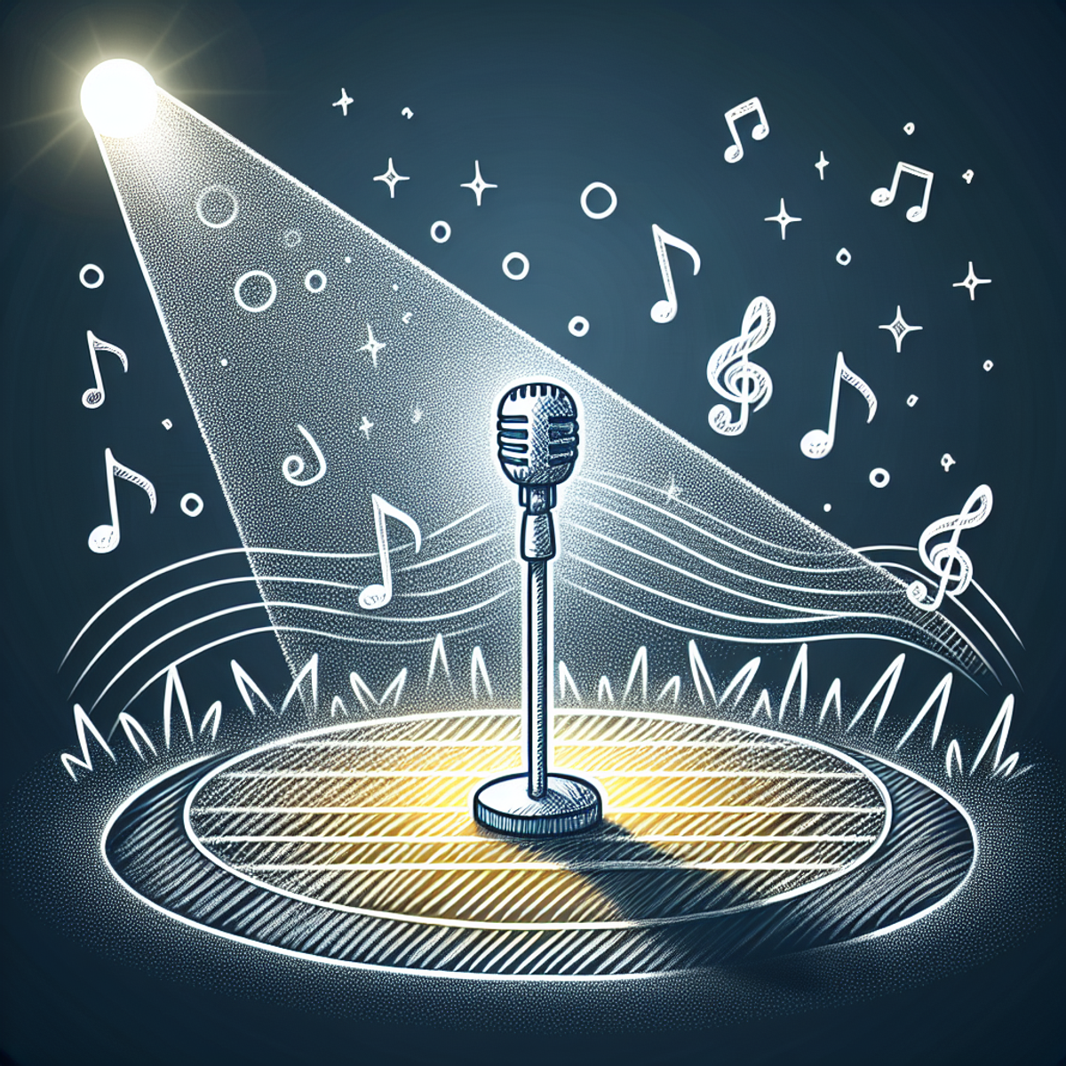 A lone microphone on a brightly lit stage, casting dramatic shadows with subtle music symbols subtly embedded in the environment.