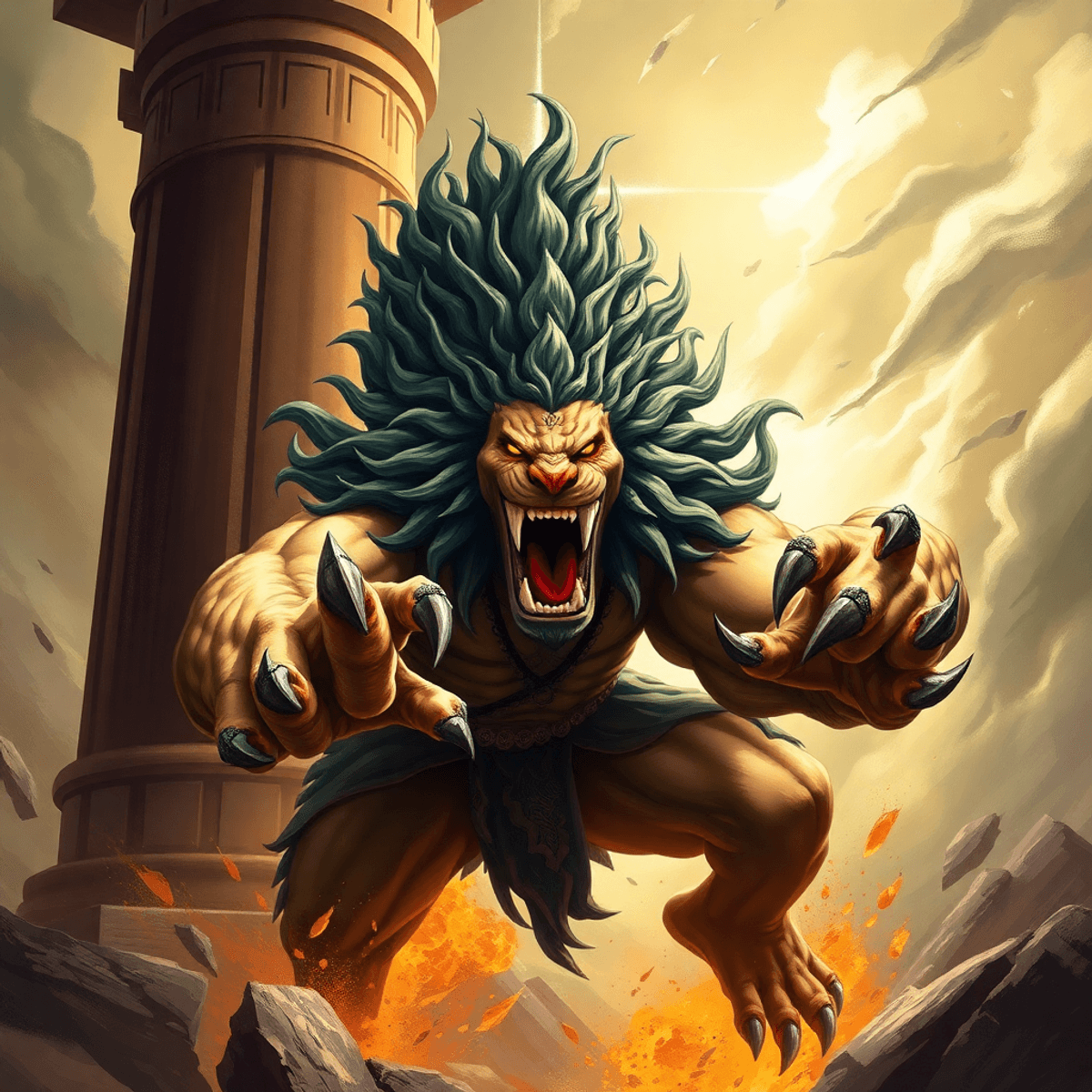 A fierce Narasimha emerges from a palace pillar, showcasing sharp claws and an intense expression, set against a dramatic backdrop of mythological elements.