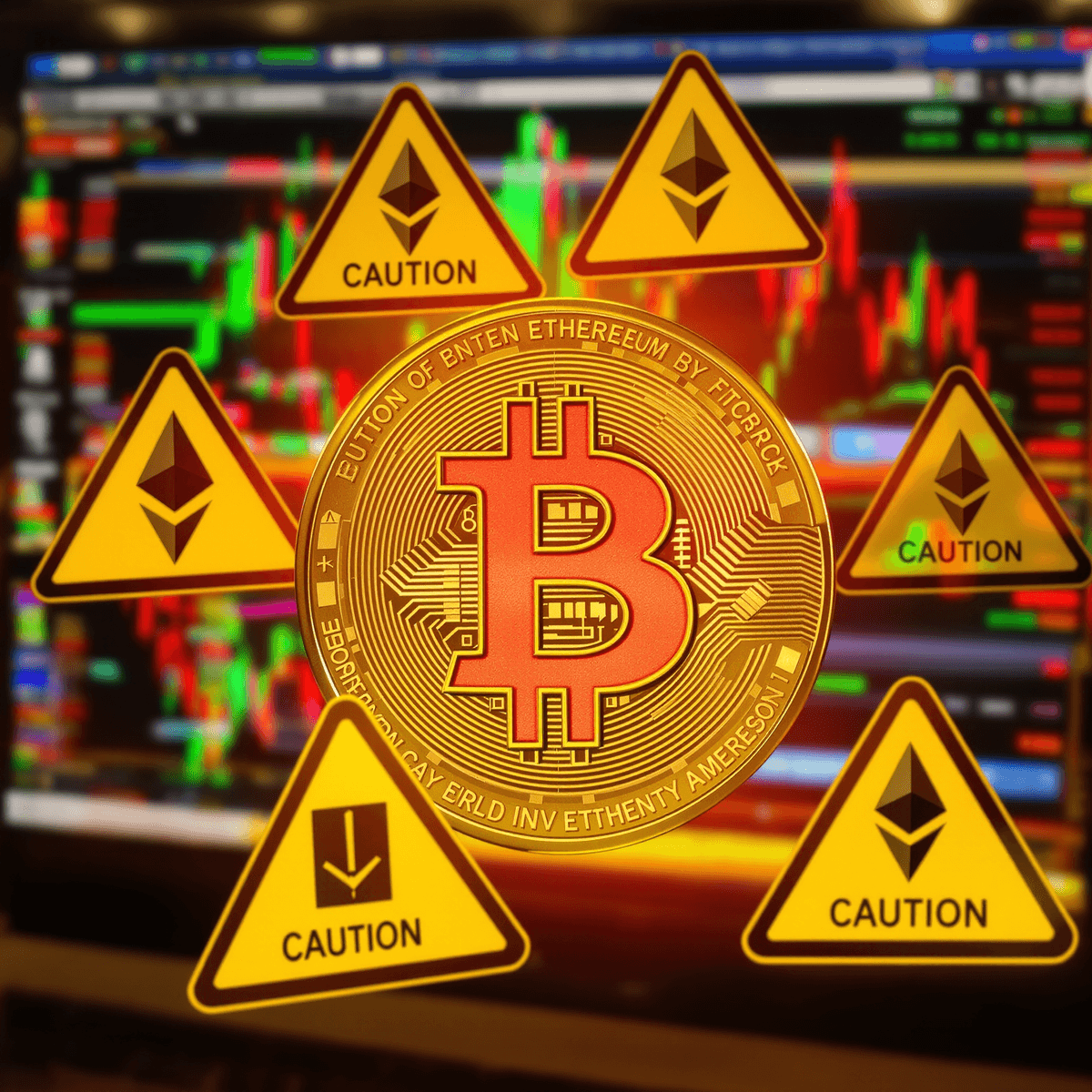 A digital currency symbol surrounded by caution and warning signs, set against a blurred computer screen with stock charts, in a red and yellow color palette.