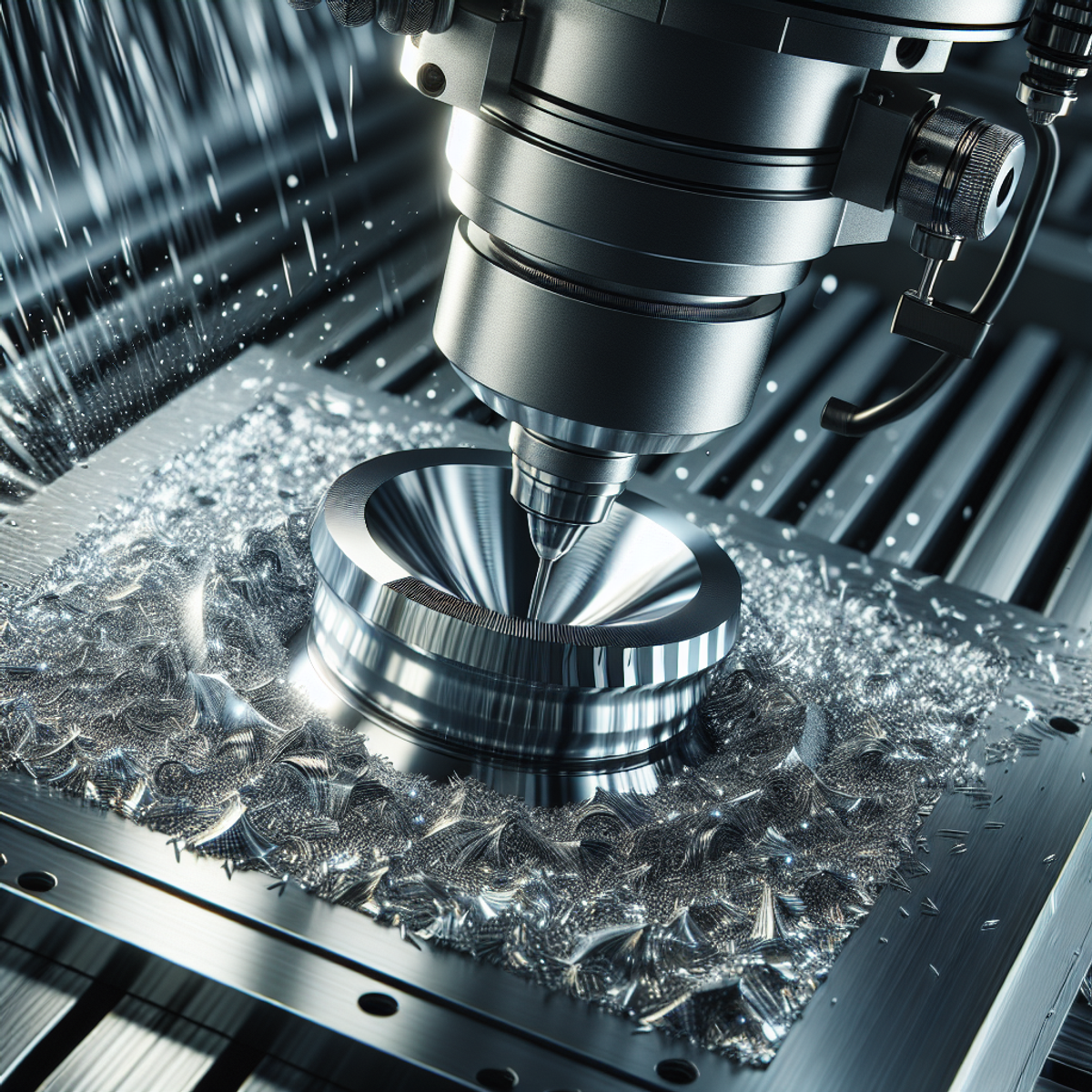 A CNC machine in action, cutting a shiny metal part with precision. Metal shavings surround the work area, showcasing the meticulous process.