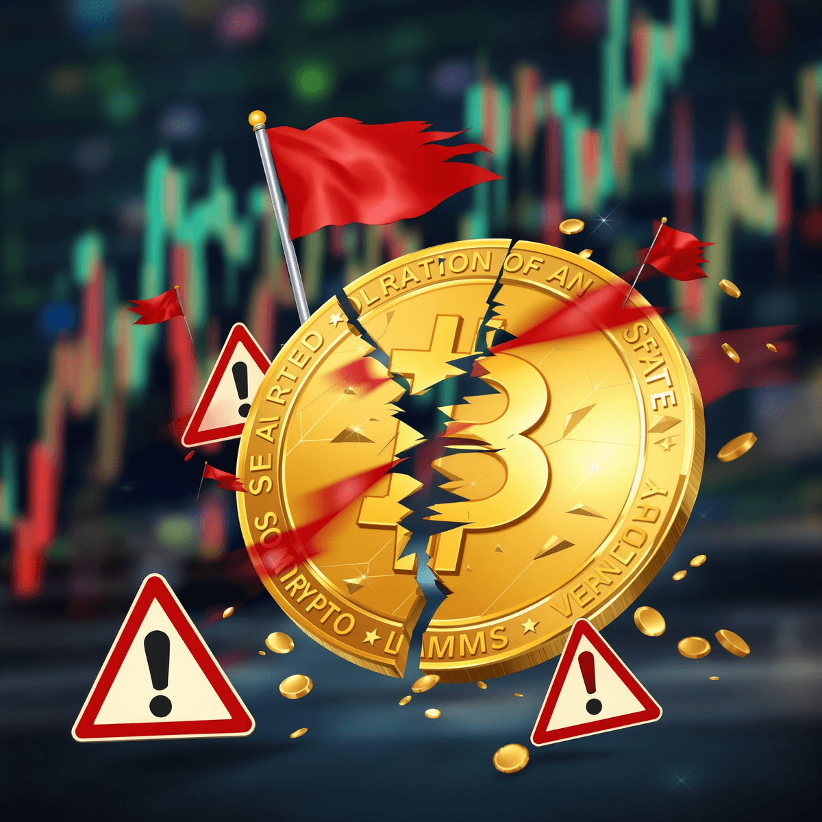 A broken cryptocurrency coin surrounded by warning signs and red flags, with a blurred graph in the background indicating market volatility.