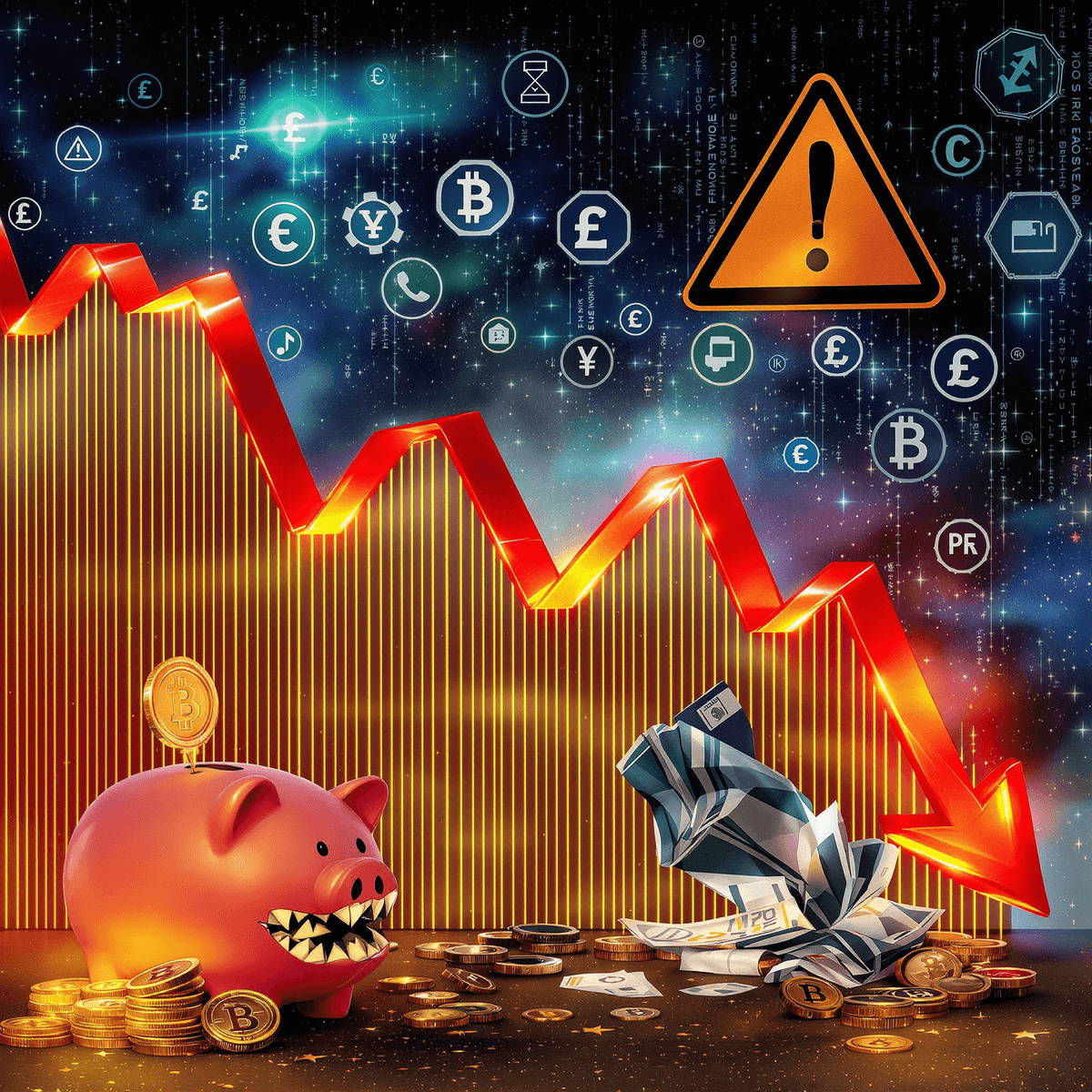 A stock market graph shows a downward trend, surrounded by warning signs and a broken piggy bank, with digital currency icons in the background, conveying alertness and concern.