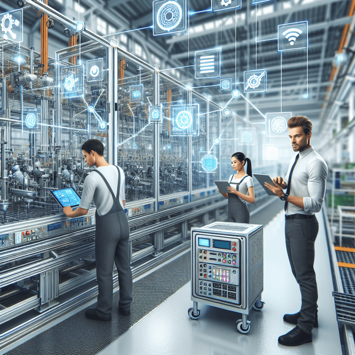 A modern factory interior showcasing advanced machinery and sensors interconnected through digital networks. The scene is clean and organized, highlighting efficiency and automation. In the foreground, a Caucasian man and a Hispanic woman operate tablets next to the production line, demonstrating the integration of the Internet of Things in manufacturing. The overall atmosphere conveys innovation and technological advancement in the workspace.