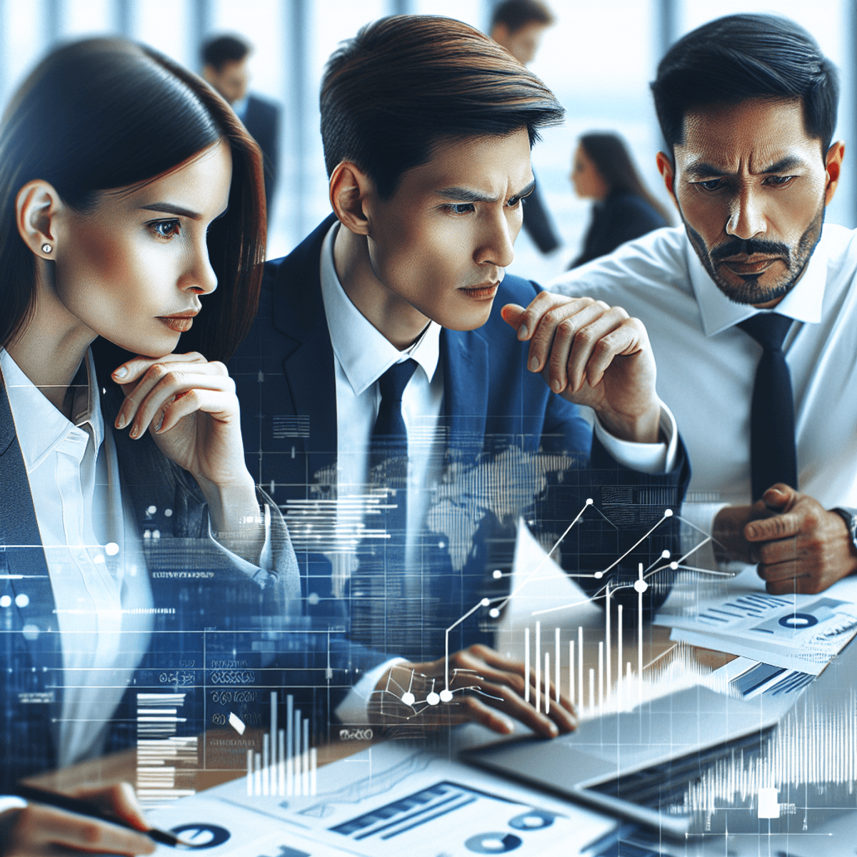 Three business professionals in a modern office, consisting of a Caucasian woman, an Asian man, and a Hispanic man, are deeply engaged in discussion. They are surrounded by various documents and laptop screens displaying data. The background features visual aids like charts, diagrams, and graphs that symbolize business growth, emphasizing the importance of exploring financing options for expansion. The atmosphere reflects their intense focus on the topic.