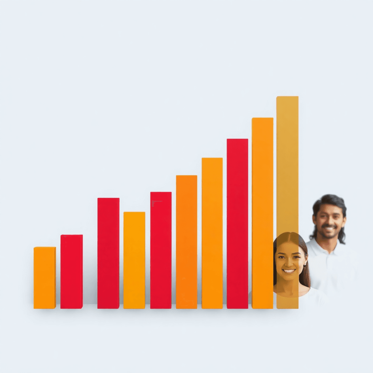 Bar chart with colorful rising bars and a smiling group of customers in the background, symbolizing positive feedback and engagement.