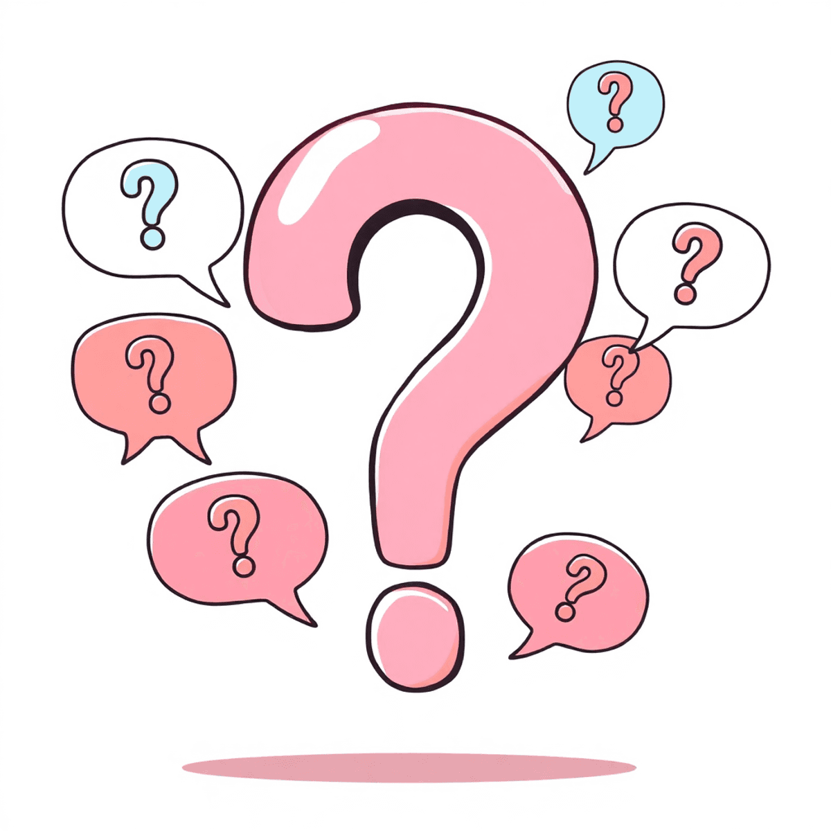 A large question mark surrounded by speech bubbles with question marks and exclamation points on a bright, inviting background.