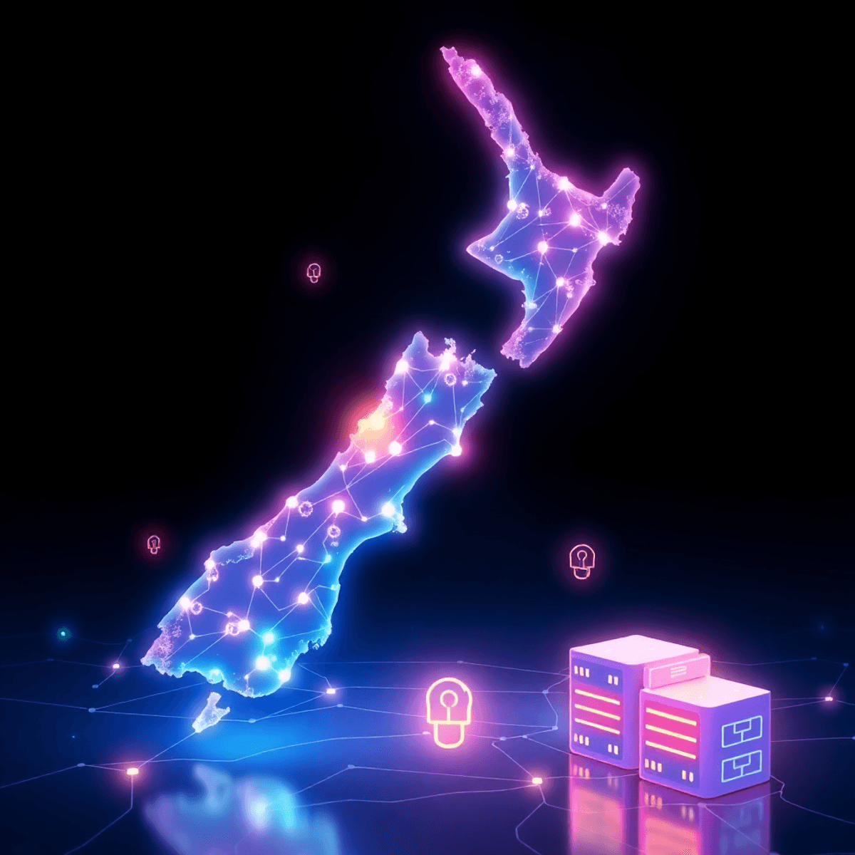 Digital map of New Zealand with glowing network links, domain and server icons on a clean, tech-inspired background in a realistic style.