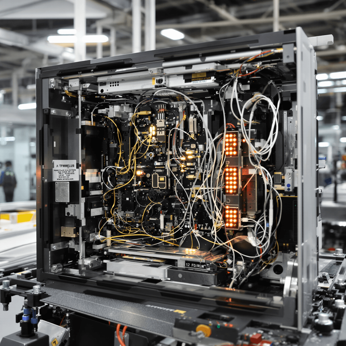 Close-up of a sleek electronic device with wiring and glowing LEDs inside a metal enclosure, on a clean industrial workspace.