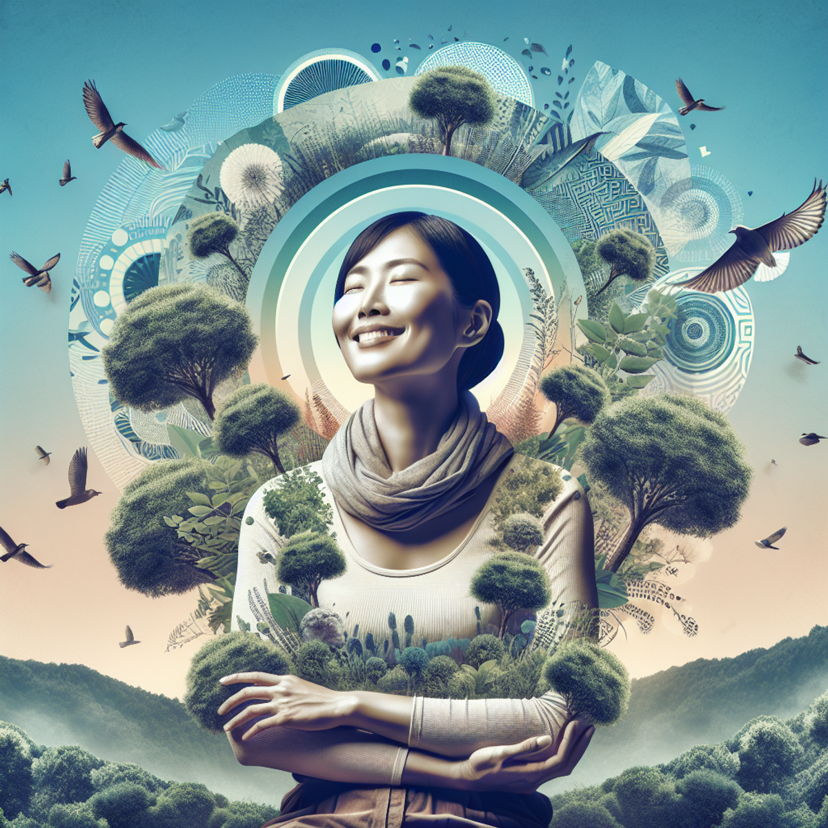 An Asian woman sitting cross-legged in a lush green garden, surrounded by tall trees and a clear blue sky with birds flying high. She has a serene expression on her face, exuding relaxation and peace.