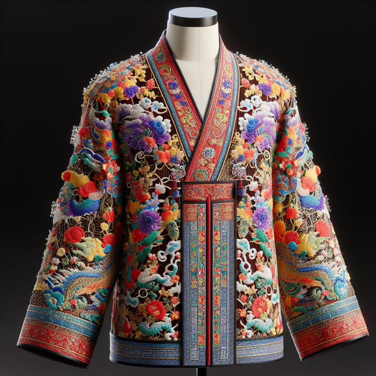 A close-up of a vibrant, intricately designed traditional Chinese garment showcasing the rich history and cultural significance of Chinese clothing.