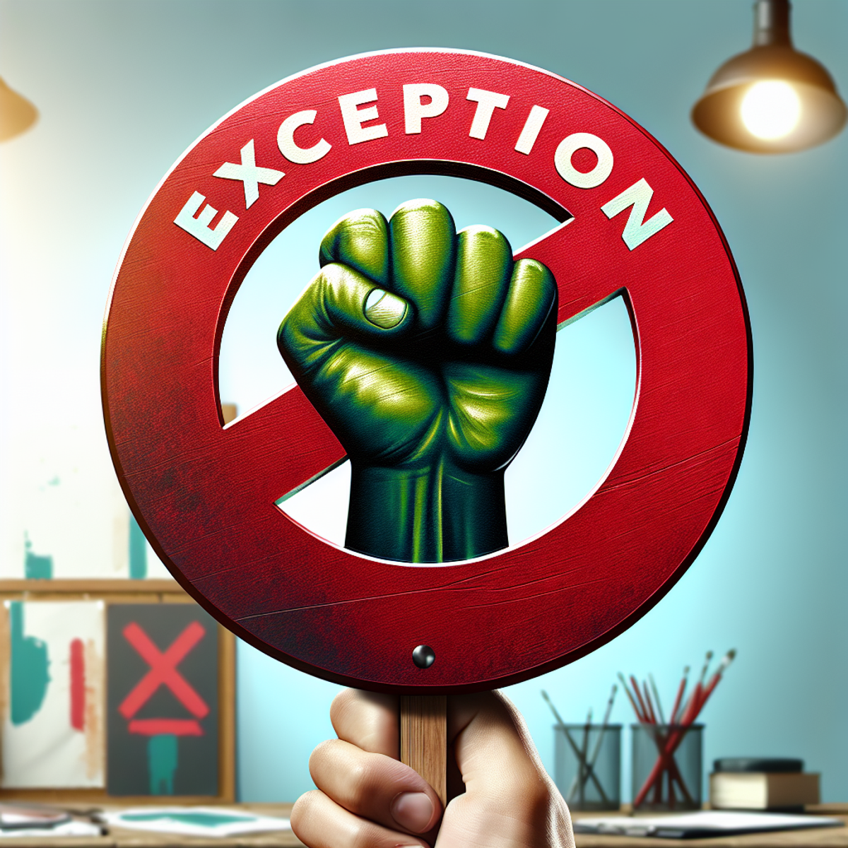 A hand gripping a vibrant red circular sign with a universally understood 'Exception' symbol in contrasting color.