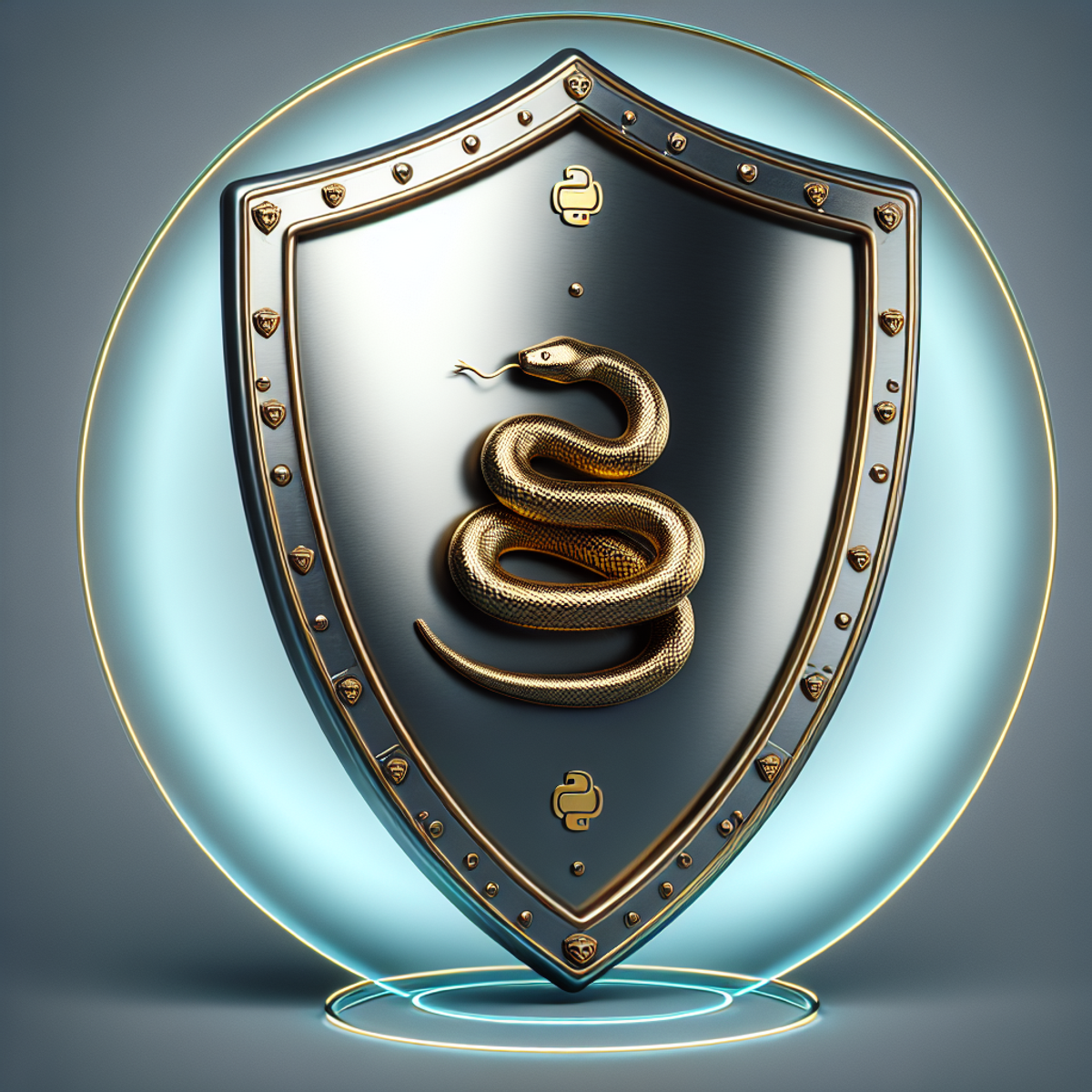 A close-up image of a polished steel shield with a golden trim, featuring a coiled snake in the center to symbolize the python programming language. Surrounding the shield is a protective bubble or invisible forcefield representing exception handling and safeguarding data pipelines.