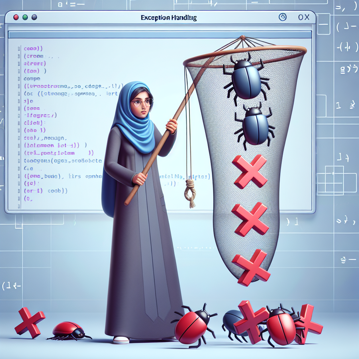 A Middle-Eastern female coder catches falling symbols representing software errors in a safety net.