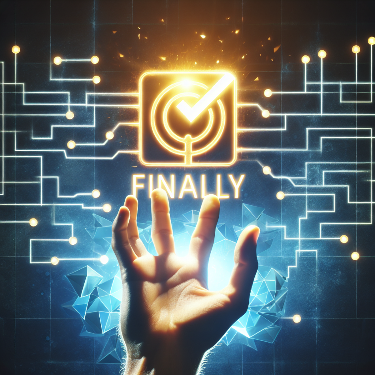 A hand reaches towards a glowing "finally" symbol, expressing relief and satisfaction after completing a task.