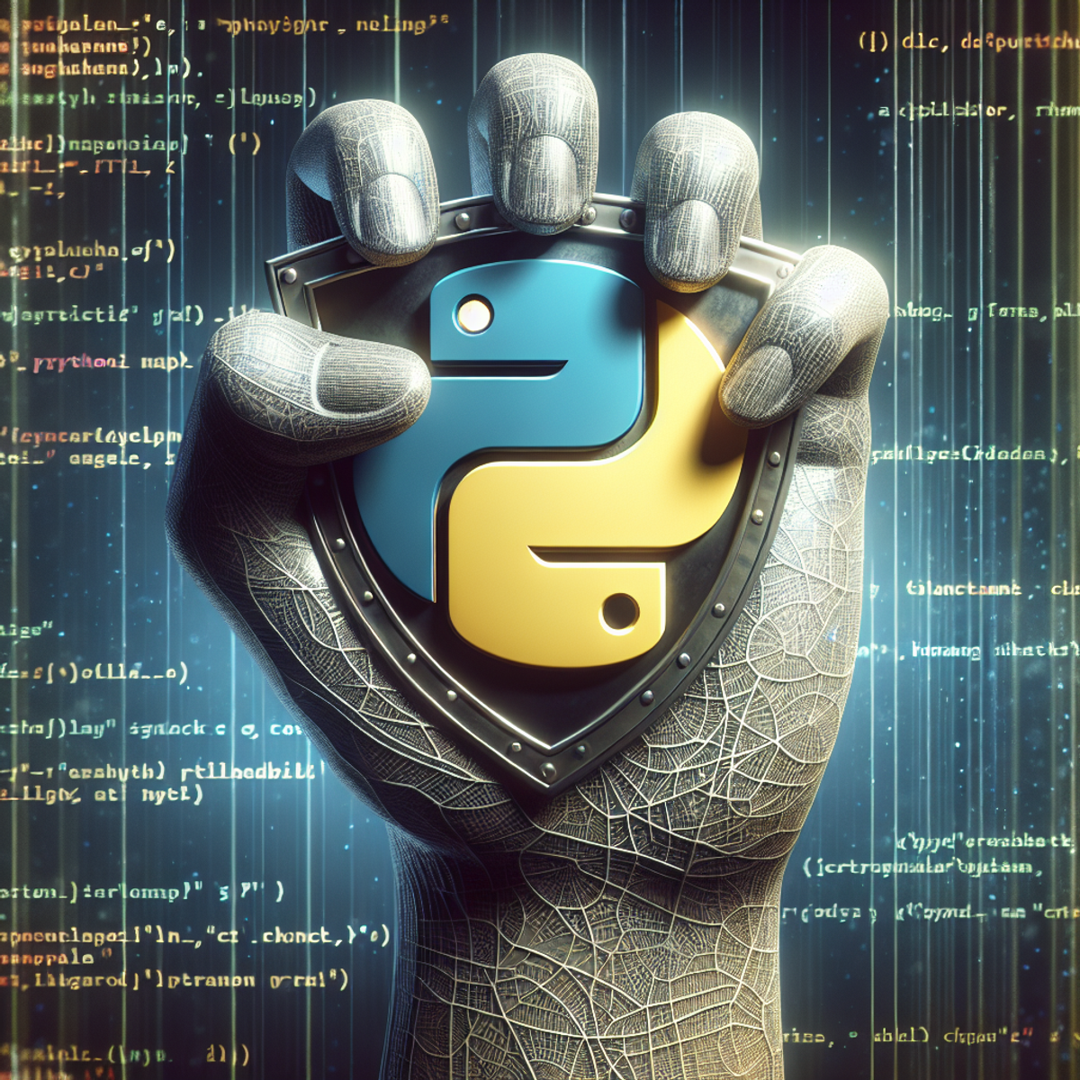 A hand holding a shield symbolizing resilience against a background with Python code.