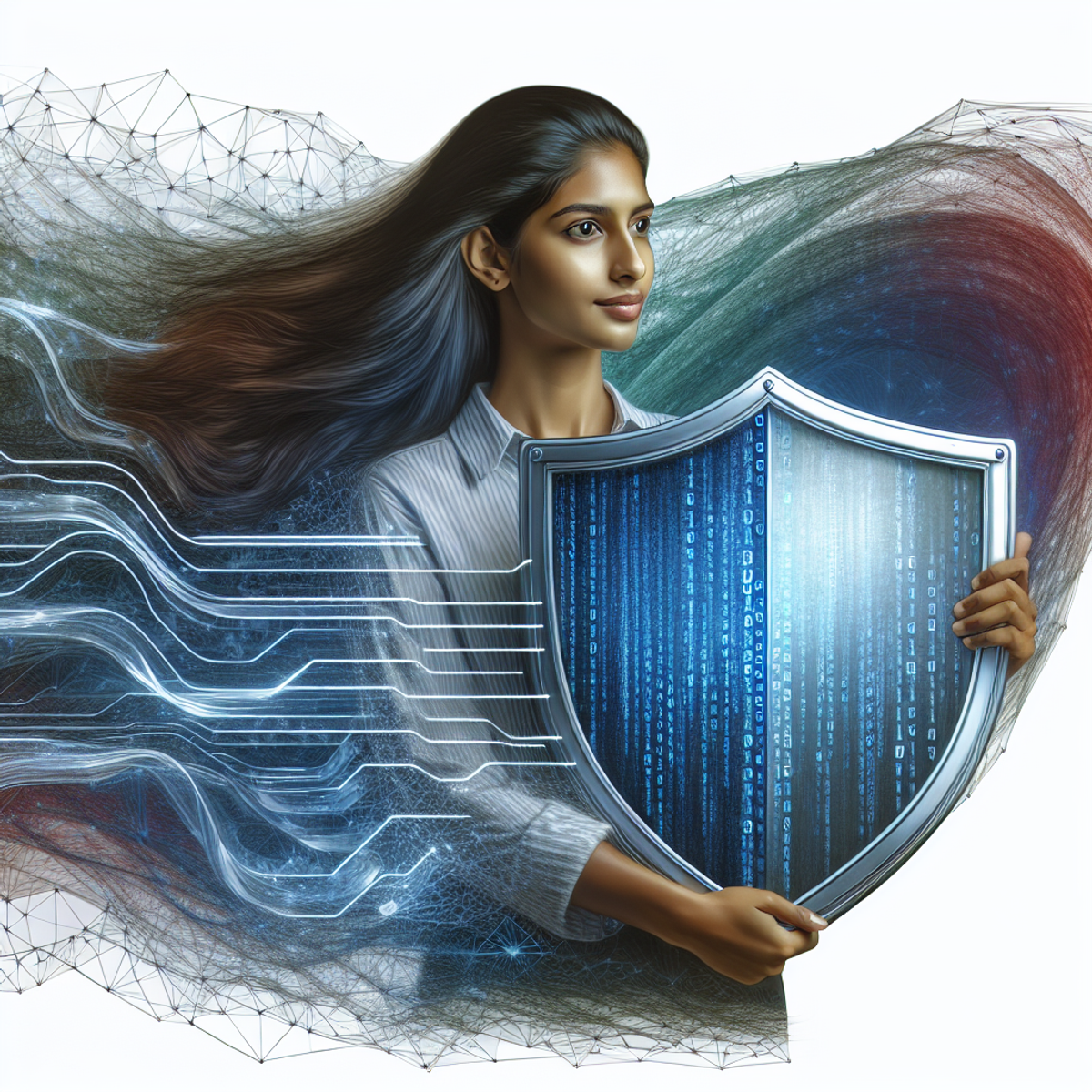 A South Asian female computer programmer holding a shield with reflective binary code, surrounded by abstract digital data.