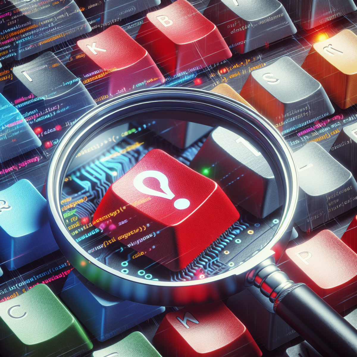 A close-up image of a magnifying glass hovering over a computer keyboard with colorful keys representing lines of code, and one red key symbolizing an error. The magnifying glass reveals the enlarged view of the red key.