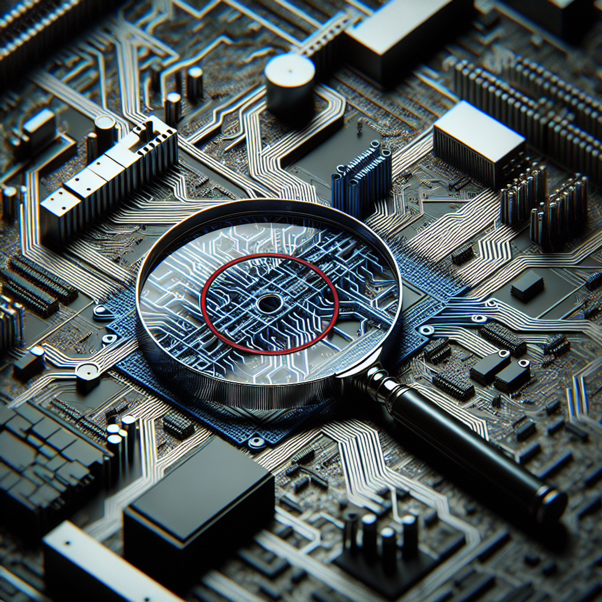 A close-up image of a magnifying glass hovering over a motherboard with intricate circuit patterns. A red circle emphasizes a particular segment of the circuit, symbolizing the process of identifying potential exceptions in computer programming, specifically Python code.