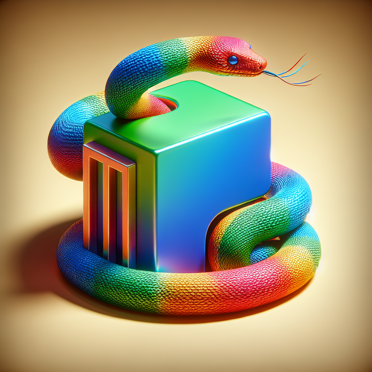 A vibrant python snake coils around a 3D code block with a slightly ajar door, representing the concept of exception handling in Python programming language.