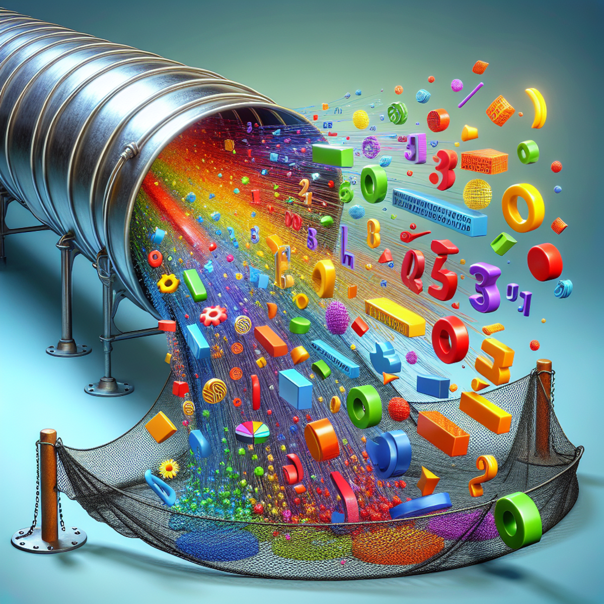 A safety net catches colorful data symbols overflowing from a metallic pipeline.