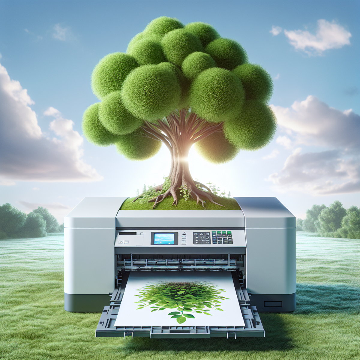 An eco-friendly printer with a flourishing tree growing from the paper tray, set against a backdrop of a clear blue sky and lush greenery.