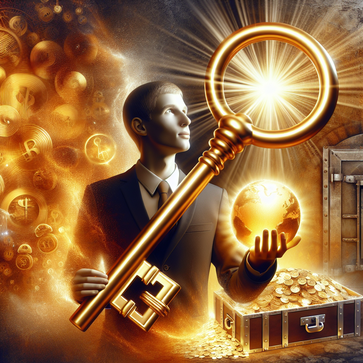 A person holds a radiant golden key, their face hopeful and confident, with elements of prosperity like treasure chests and piles of gold coins in the warm, inviting background.