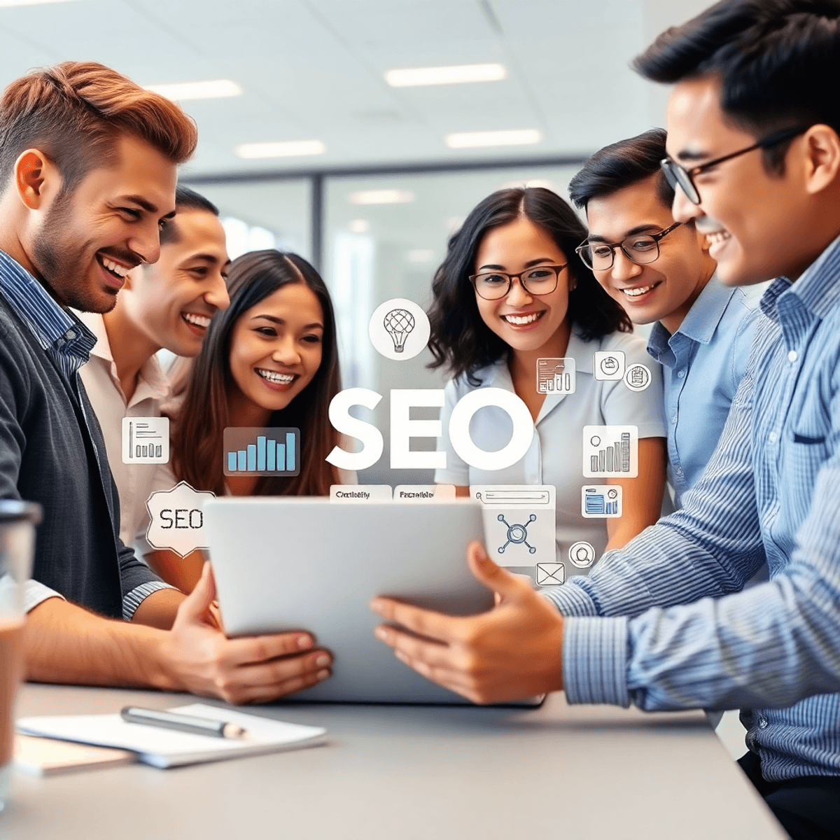 A group of professionals collaborating around a laptop in an office, discussing SEO strategies with graphs and analytics on the screen, surrounded by digital marketing symbols.