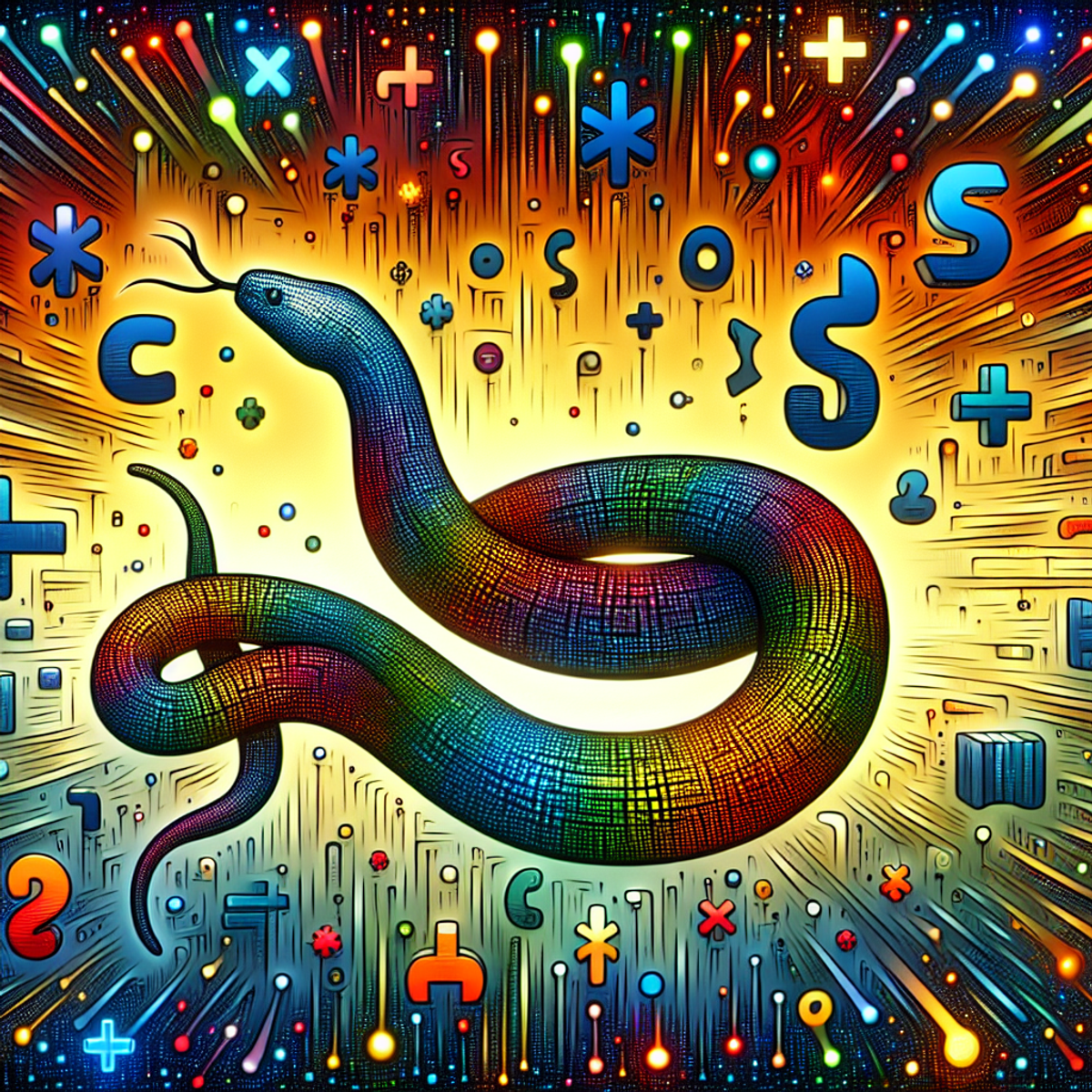 A snake composed of colorful symbols representing regular expressions in Python programming.