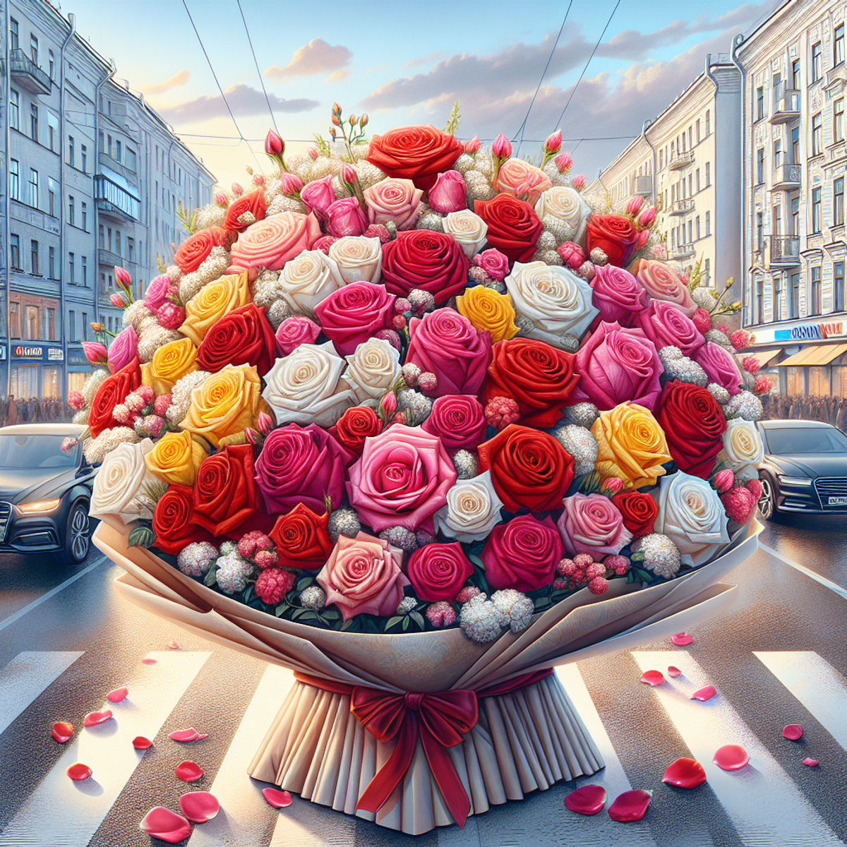 A bouquet of 101 roses in a vibrant city environment.