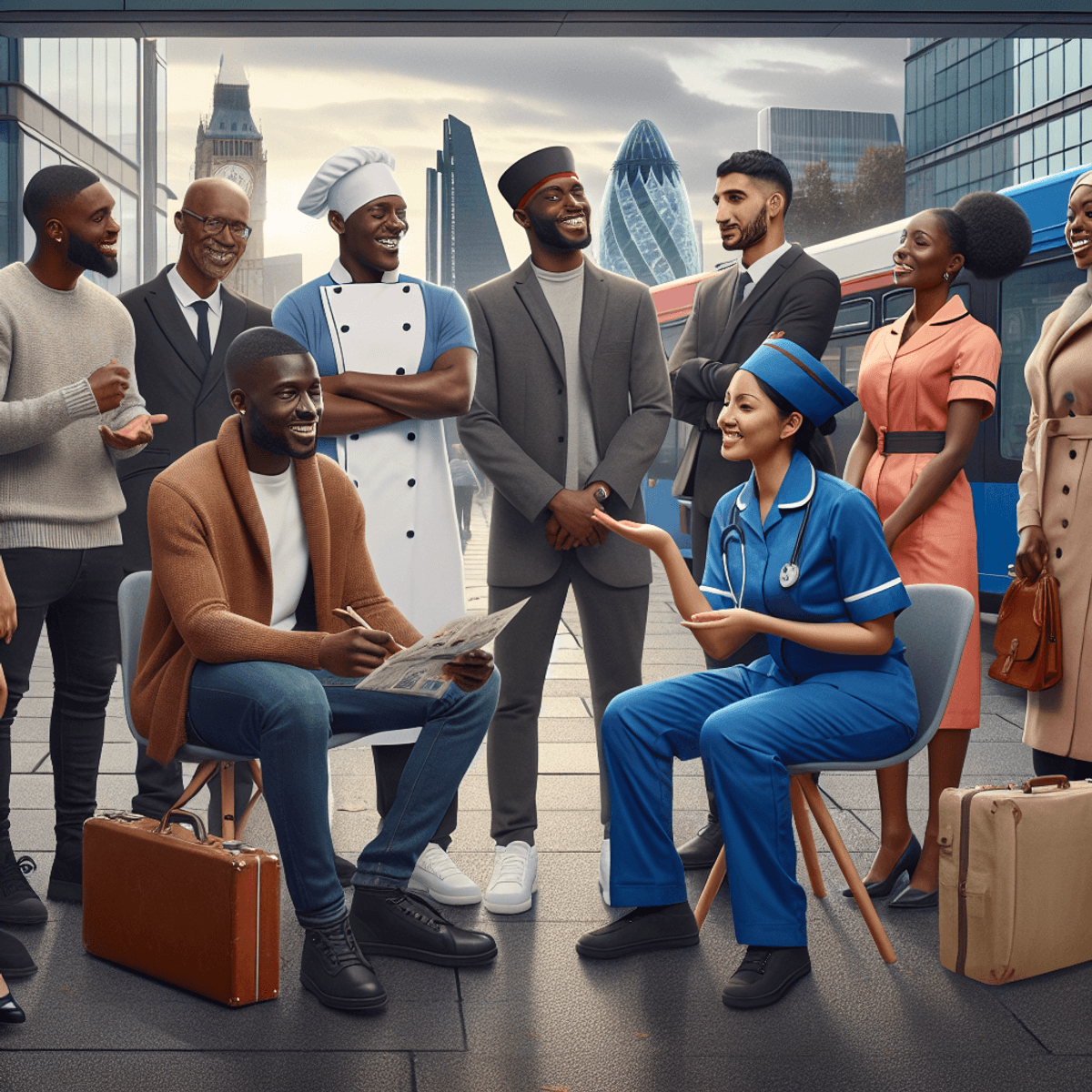 A diverse group of African migrants, including individuals of Black, North African, and East African descent, gathered in a modern urban office setting in a British city. They are engaged in discussions about job opportunities, with a man in a chef's uniform representing the hospitality sector, a woman in a nurse's uniform for healthcare, and another person dressed as a public transport driver. The atmosphere is one of optimism and collaboration, showcasing their determination and sense of community in the pursuit of employment. The image is depicted in a realistic style.