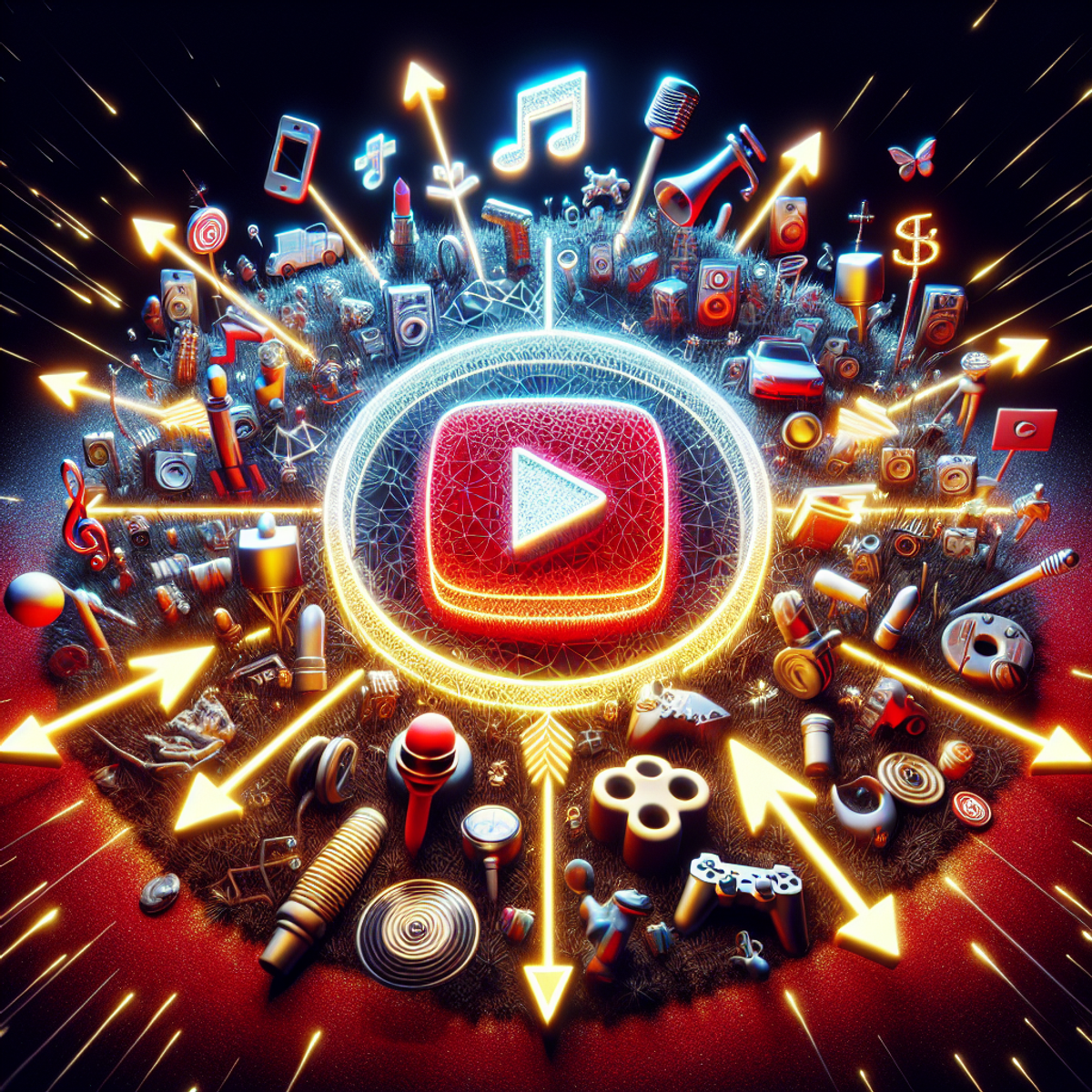 A realistic image of the YouTube logo at the center, glowing and surrounded by arrows from different directions. Various symbols representing popular genres such as a musical note for music, a joystick for gaming, a lipstick for beauty, and a dumbbell for fitness are scattered around the logo.