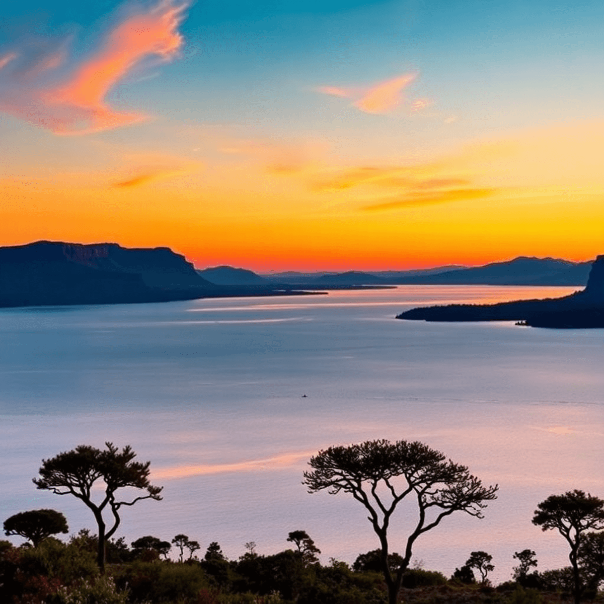 A stunning sunset over Lake Naivasha, with vibrant orange and pink reflections on the water, silhouetted acacia trees, and dramatic cliffs in the background.