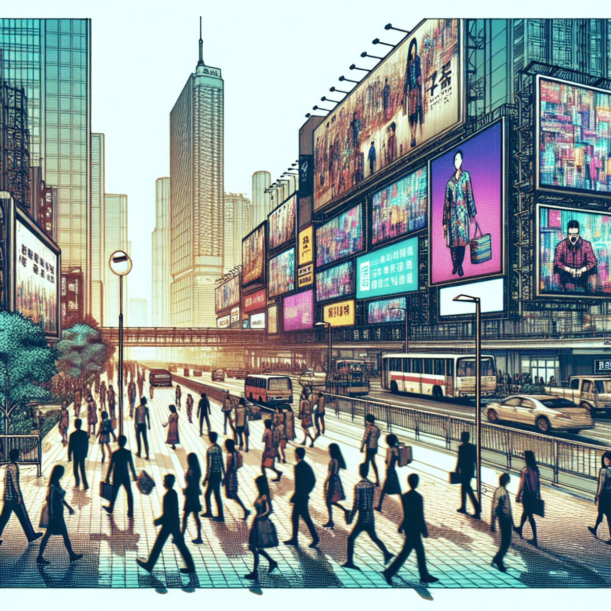 A bustling urban street in Asia filled with an eclectic mix of vibrant digital billboards and traditional static advertisements. A diverse group of individuals representing various Asian ethnicities can be seen walking on the sidewalks, some engaged in conversations, while others are absorbed in their phones. Vehicles of different shapes and sizes navigate through the busy street, showcasing a dynamic city environment. The scene is alive with energy, capturing the essence of modern urban life without any legible text. Best Billboard Advertising Bangladesh with AD pro | Leading Digital Out of Home Advertising Agency in Bangladesh
