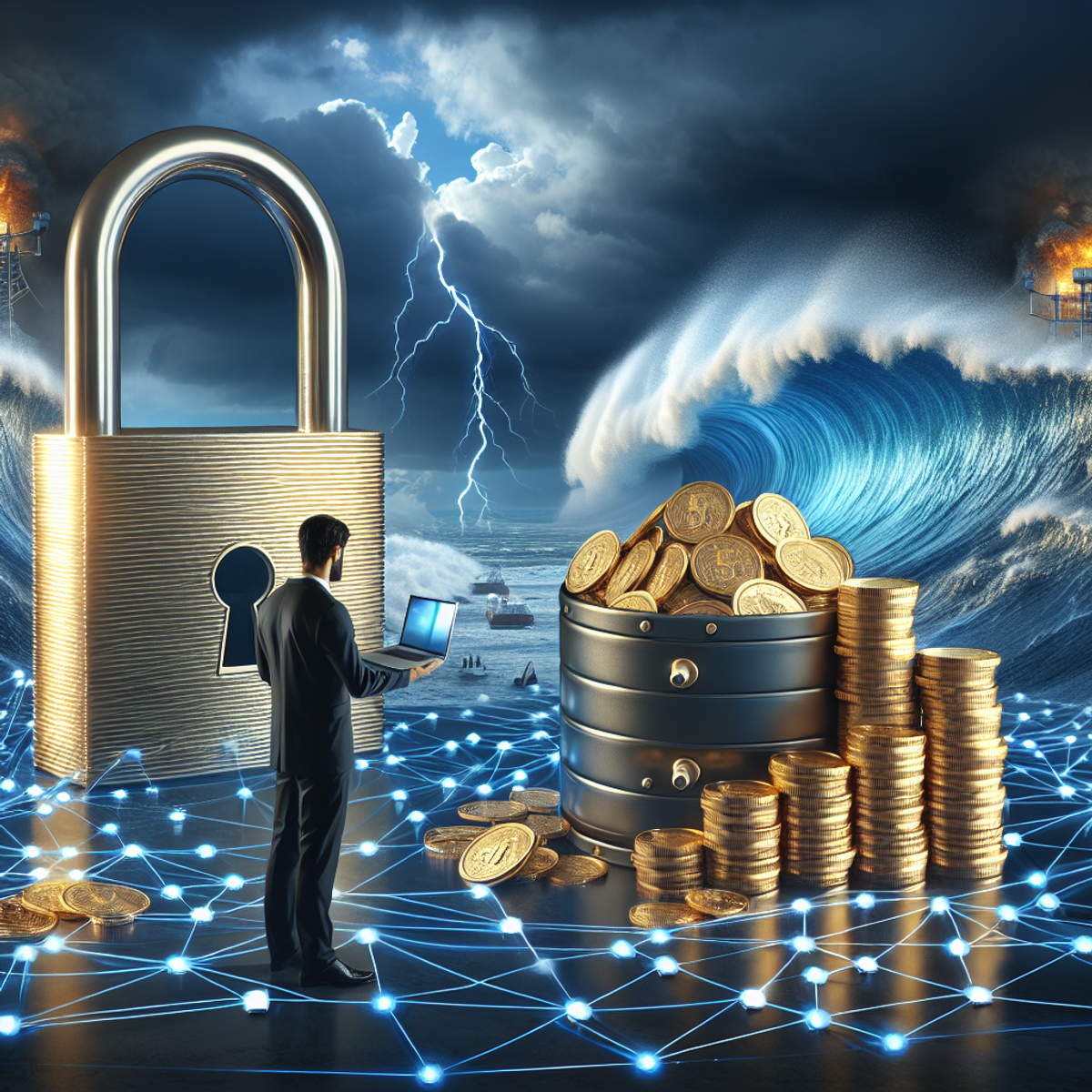A metallic lock symbolizing security safeguards a vault full of golden coins, while a Middle-Eastern male IT professional monitors a network of connected dots representing a system of defense. In the background, a powerful tsunami wave approaches, sustained by a glowing shield representing the company's mitigation efforts.