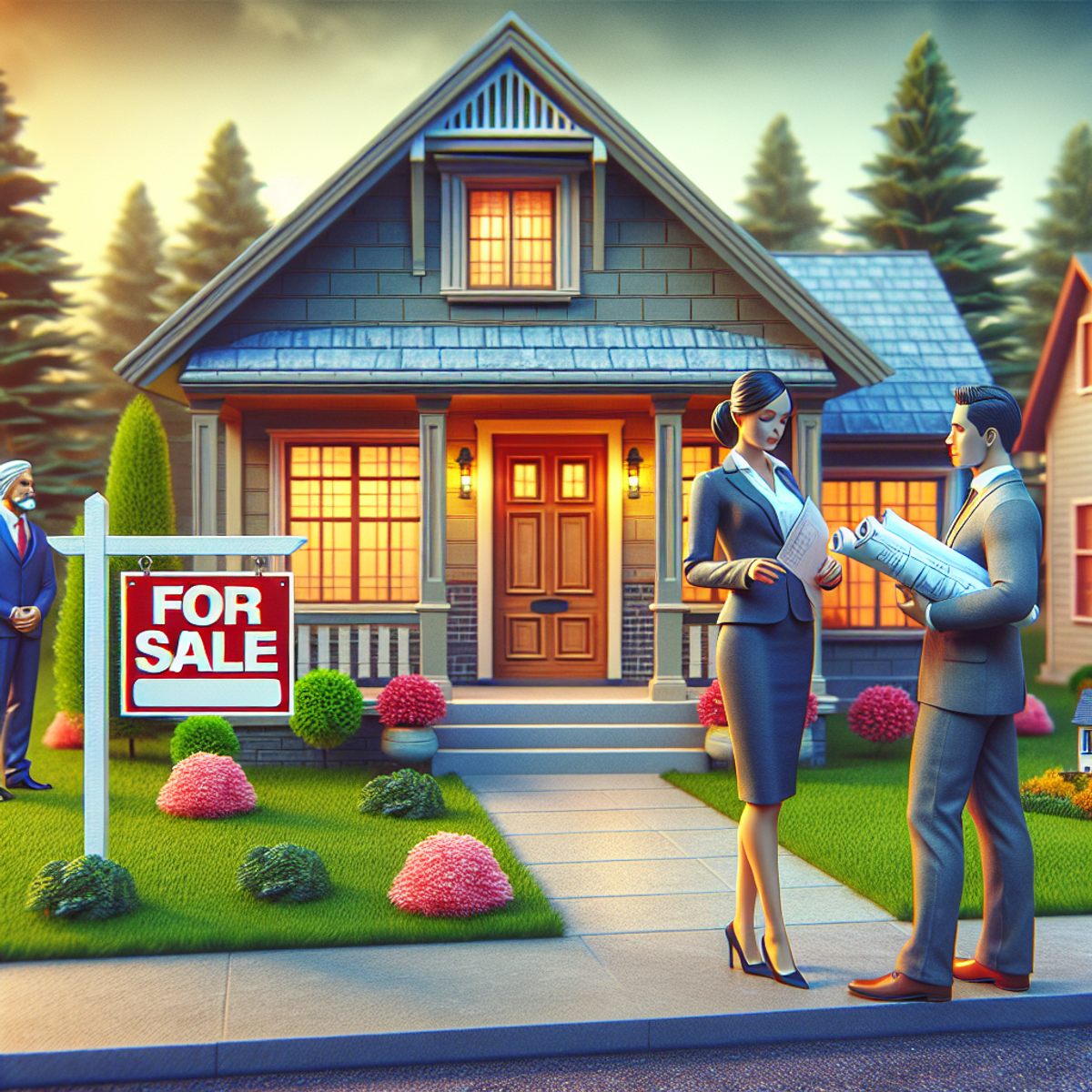 addison-il-flat-fee-mls-listing A real estate agent, a Middle Eastern woman, holding blueprints, conversing with a South Asian man in front of a well-maintained house and yard.