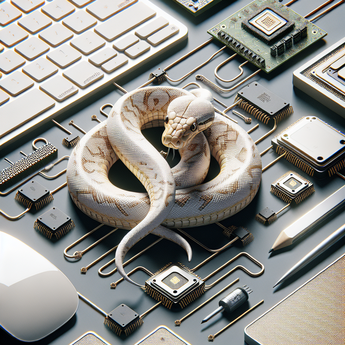 A python snake creatively intertwined around computer-related symbols like a mouse, keyboard, monitor, and microchips, representing Python coding language on a modern workspace.