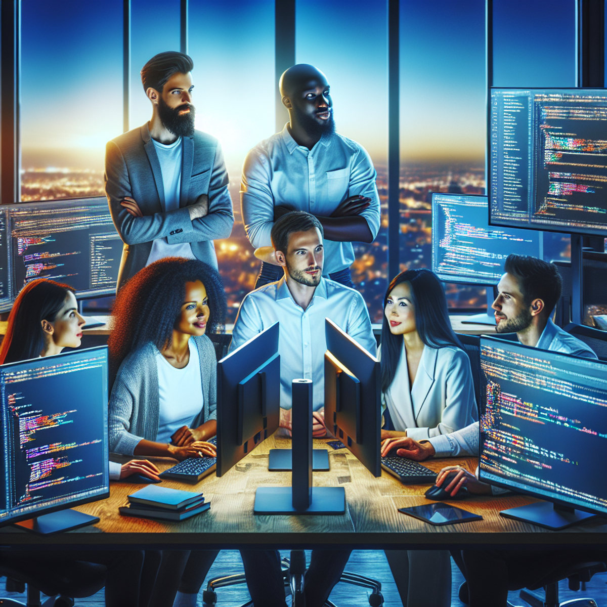 A diverse team of developers engage in a code review, surrounded by high-end computers and tech-related posters, with a cityscape view visible through large windows.