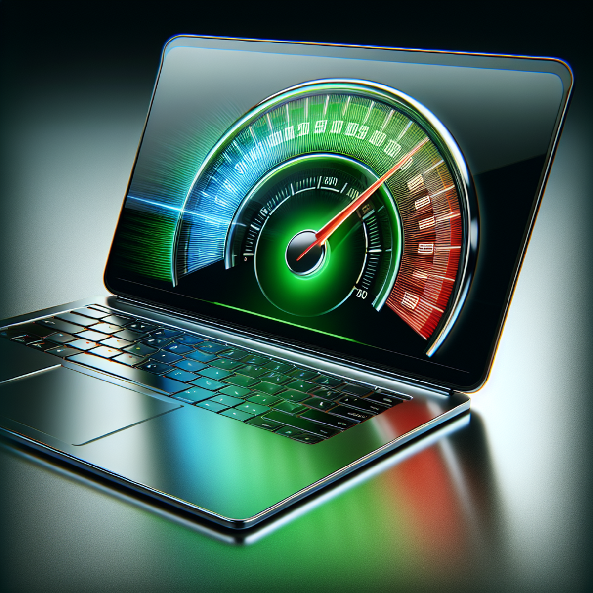 Sleek, metallic laptop with vibrant speedometer display.