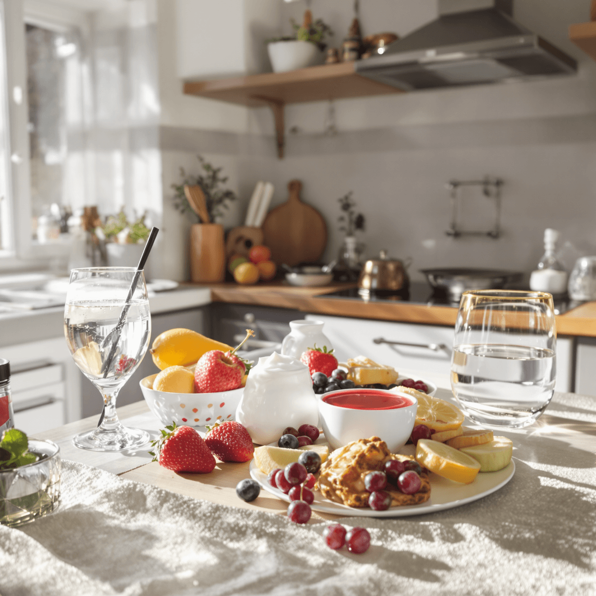 Bright kitchen with a healthy breakfast of fresh fruits, yogurt, and water on the table, symbolizing good digestive health and morning relief.