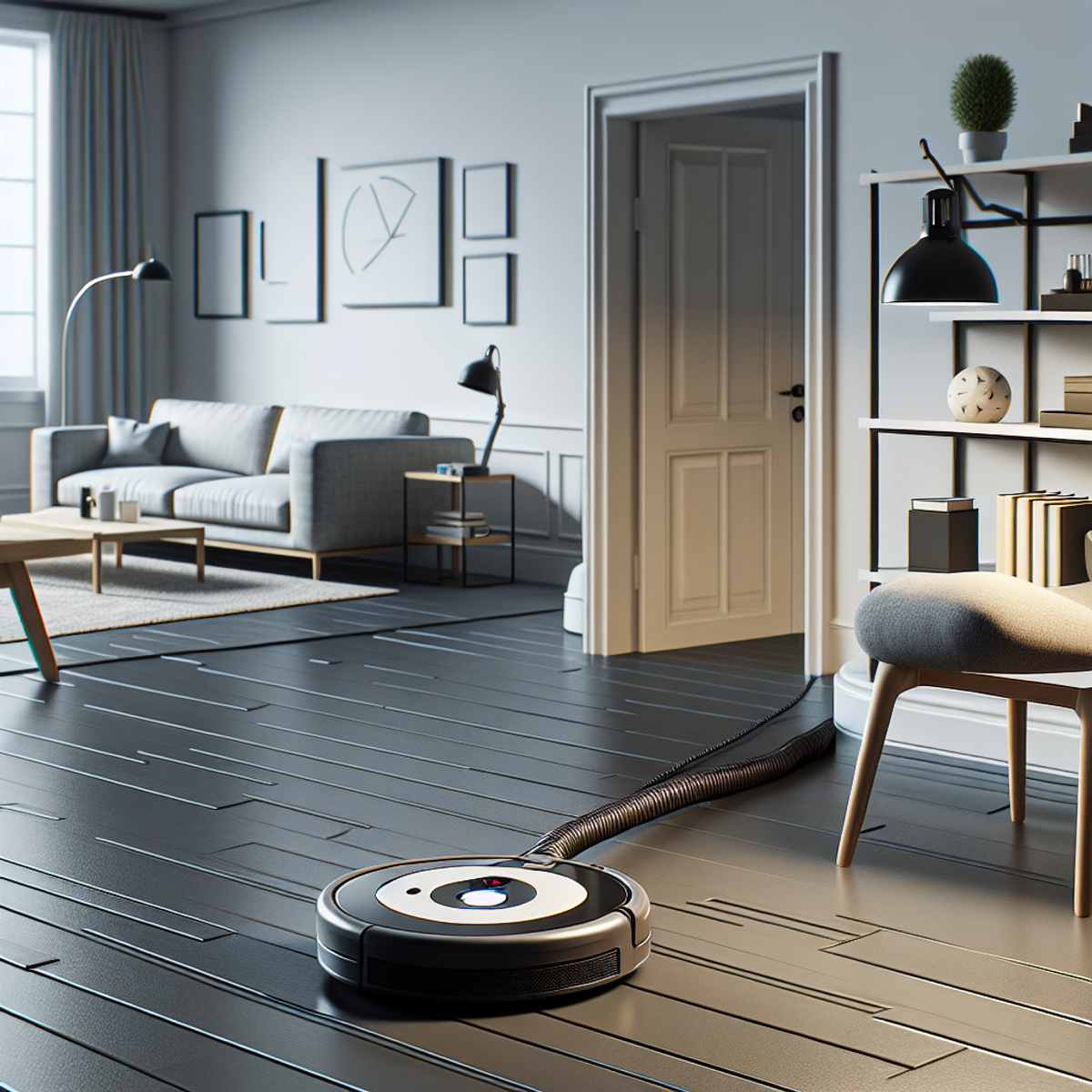 Robotic vacuum cleaner navigating through a clean and tidy living room.