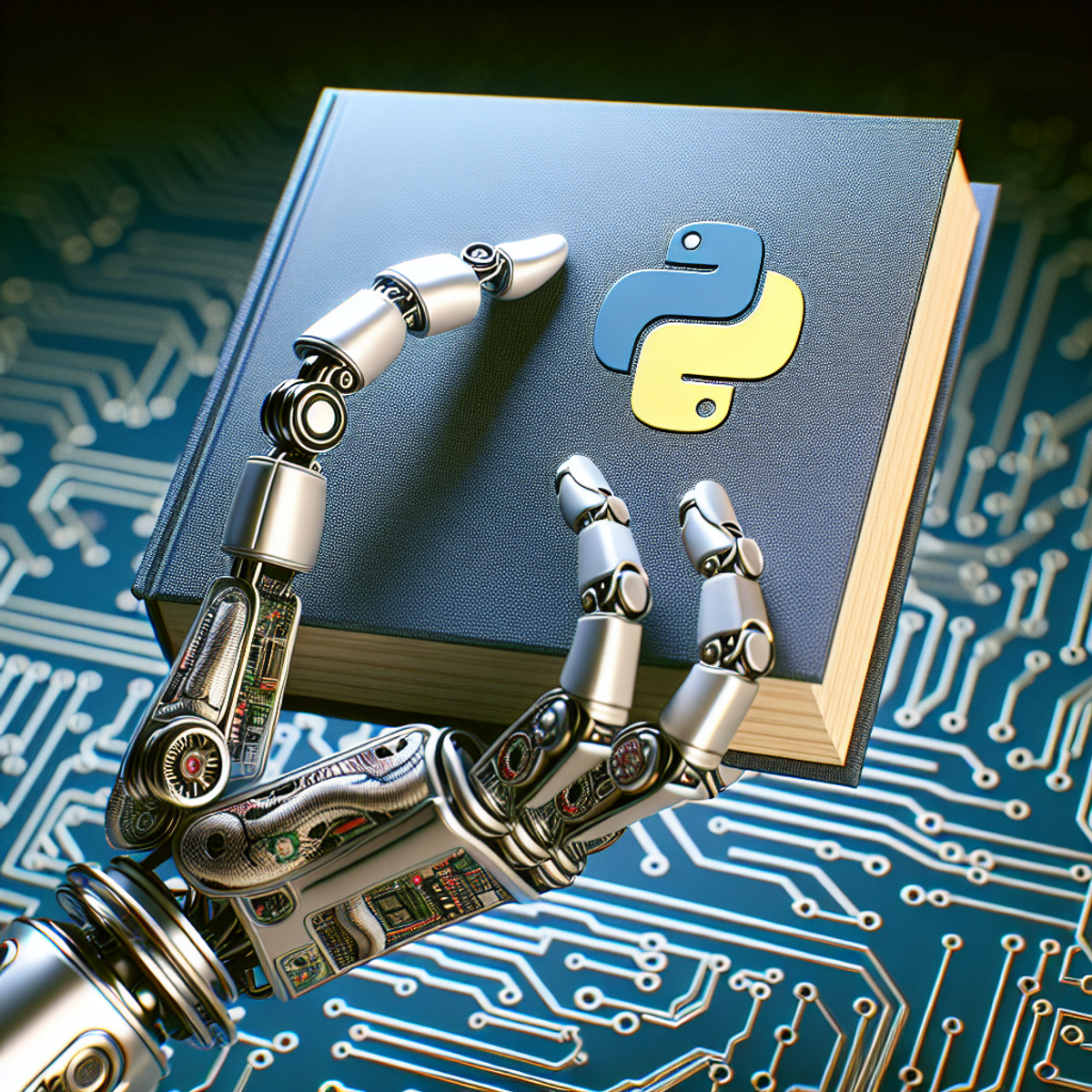 A mechanical arm holding a book with a Python snake on the cover, set against a detailed circuit board background.