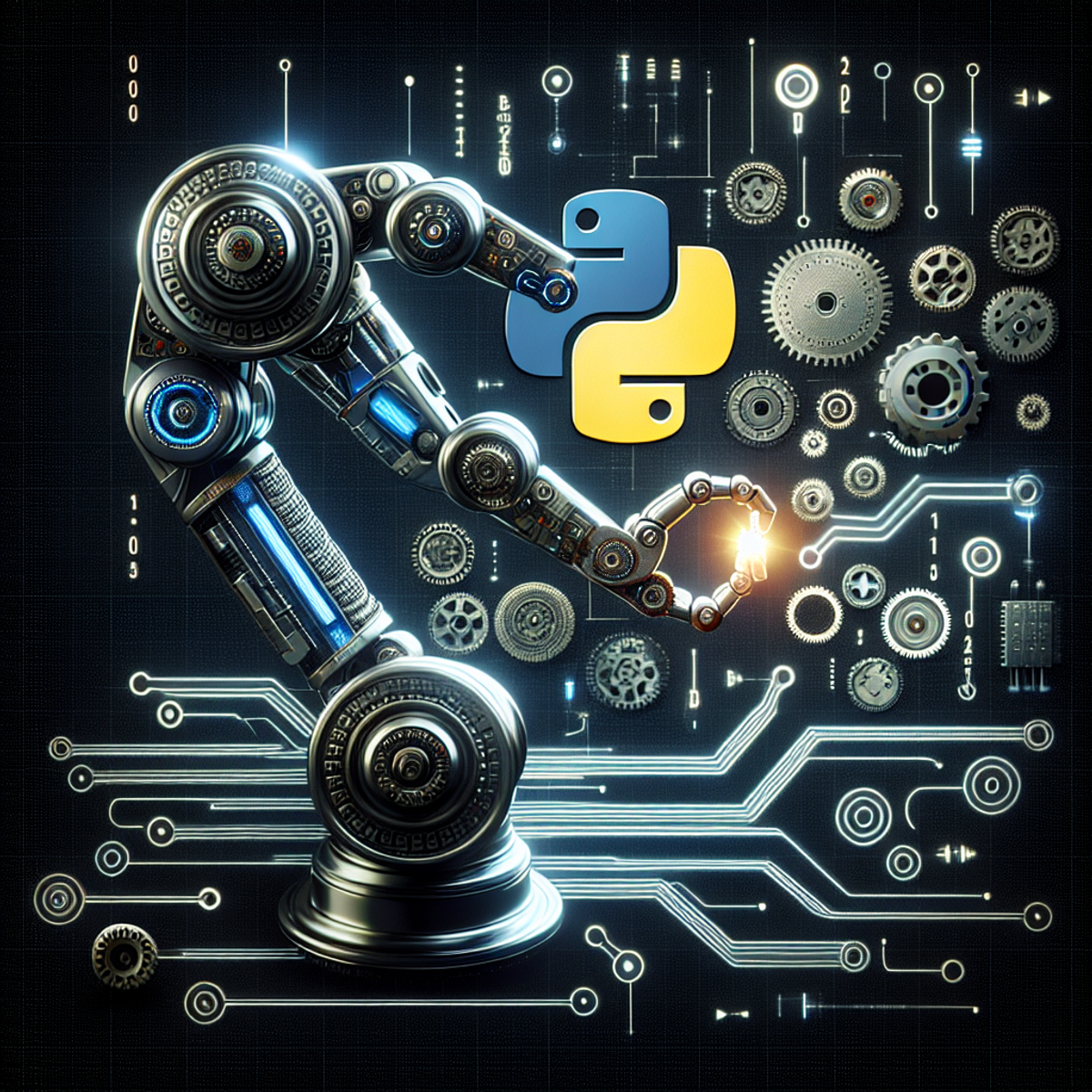 Robot arm with interconnected gears and wheels, symbolizing Python programming language.