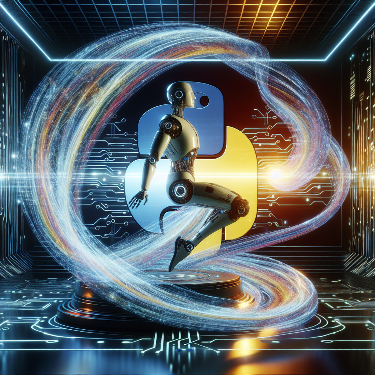 A humanoid robot surrounded by glowing neon Python code symbols against a futuristic backdrop.